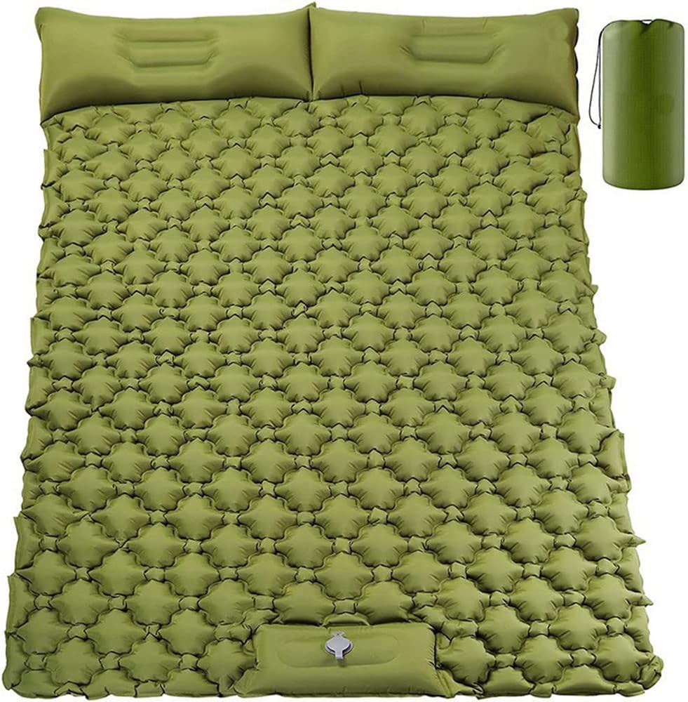 COOLBABY Double Camping Sleeping Pad, Inflatable Camping Pad Foot Press Ultralight 2 Person Camping Mat with Pillow for Camping Hiking Traveling,Army Yellow