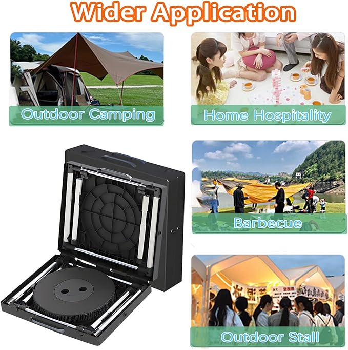 Portable Folding Camping Table and Stool Set (Black, Adjustable Height, 68x40x55cm)