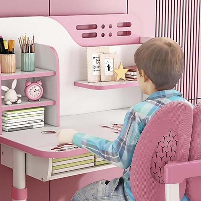 Adjustable Kids Study Learning Desk and Chair Set With Bookshelf, Drawer Storage, Shelves, Table Lamp & Fun Stickers