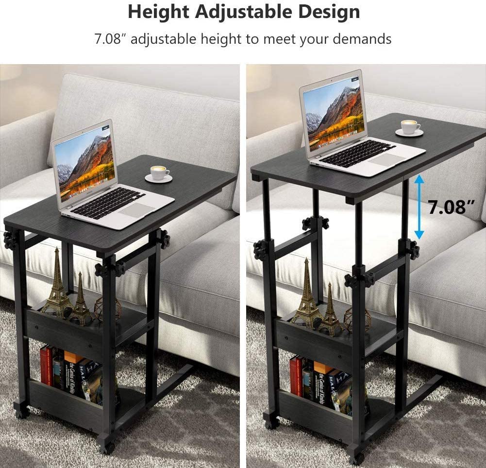C-Shaped Snack Side Table with Wheels | Rolling Laptop Cart with Storage Shelves for Sofa, Bed & Living Room