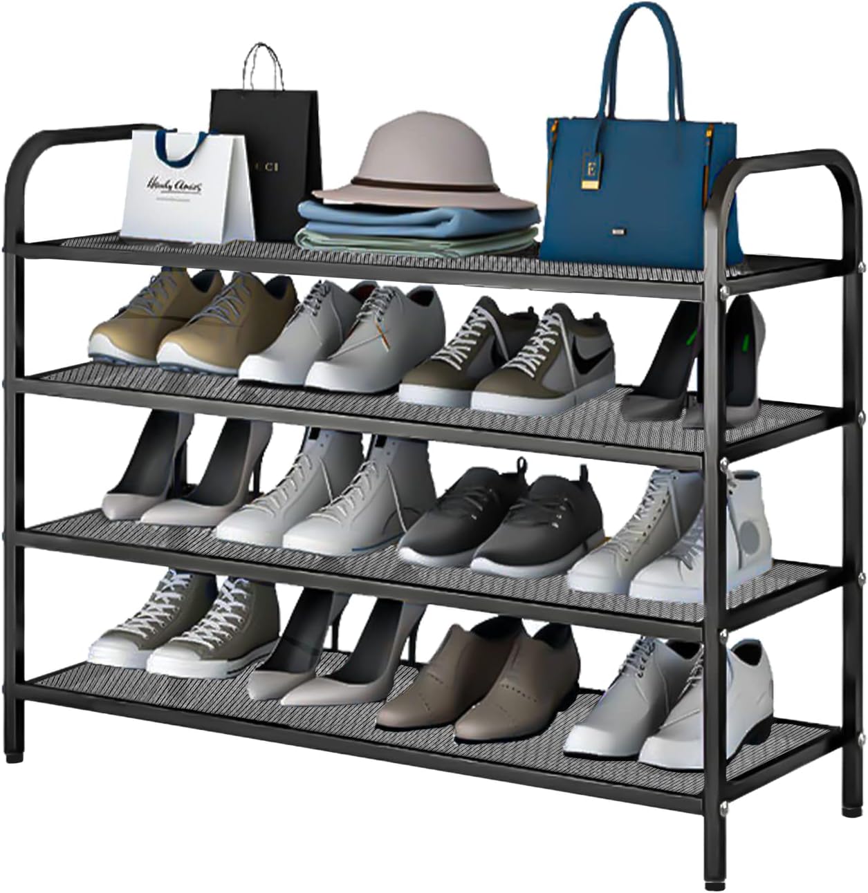 INFOSUN Shoe Rack, Shoes Cabinet Organizer, 4-Tier Shoe Storage with 3 Mesh Shelves, Multi-Function Organizer, Boots Storage Shelf Modern House Furniture Home for Entryway Hallway (Black, 4 Tier)
