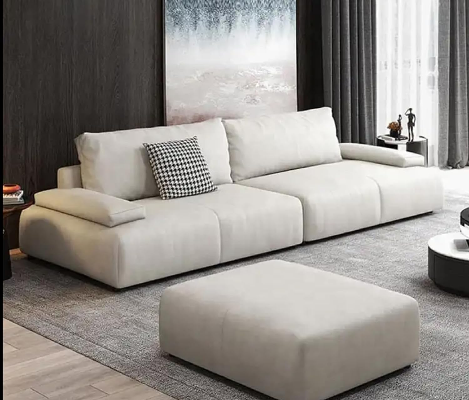 Comfynest 3-Seater Minimalist Sofa Set Faux leather Couch for Modern Living Rooms (White+ottoman)-GCC Home Center