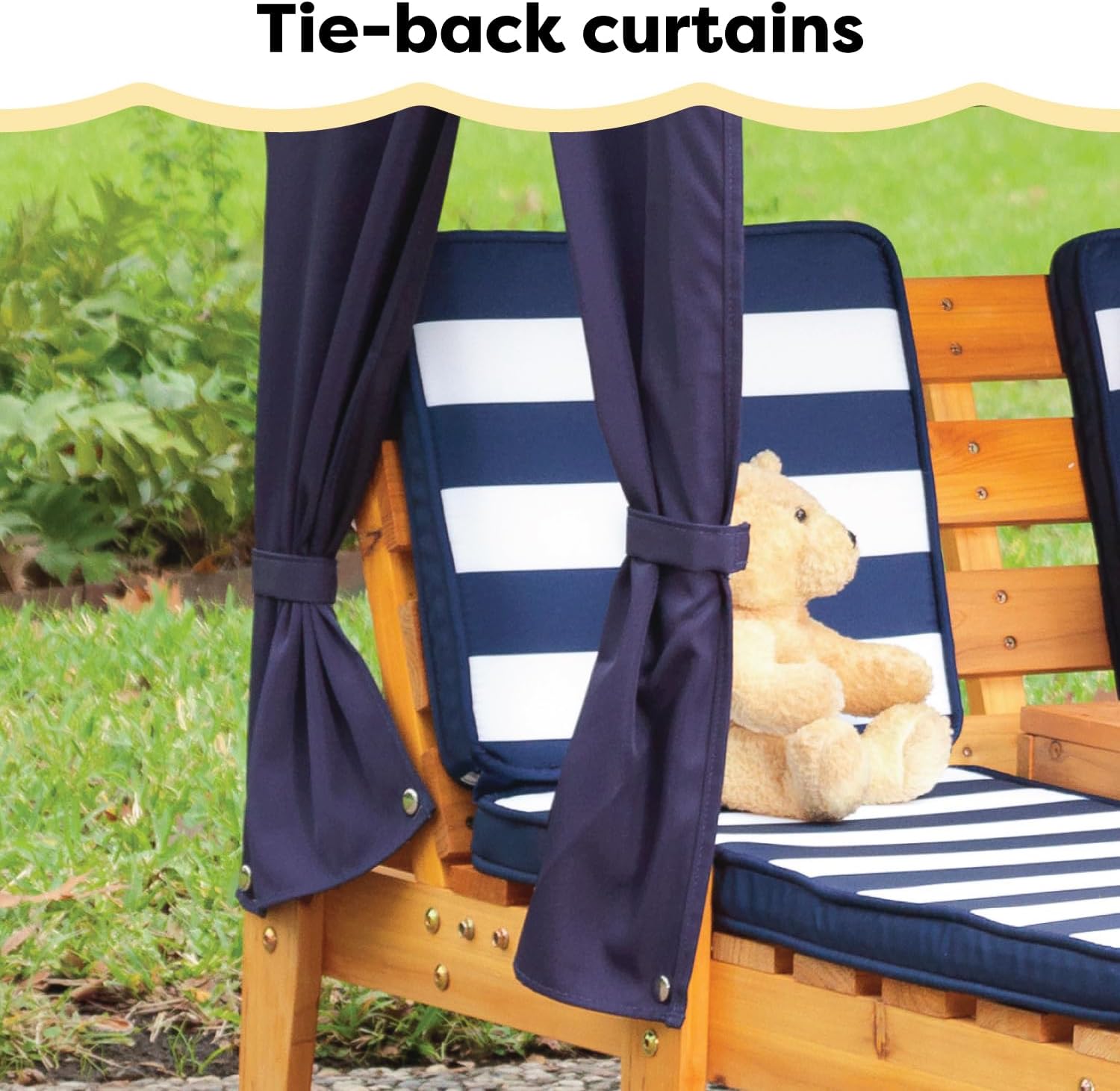 KidKraft Wooden Outdoor Double Chaise Lounge with Cup Holders, Kid's Patio Furniture, Honey Navy and White Striped Fabric, Gift for Ages 3-8