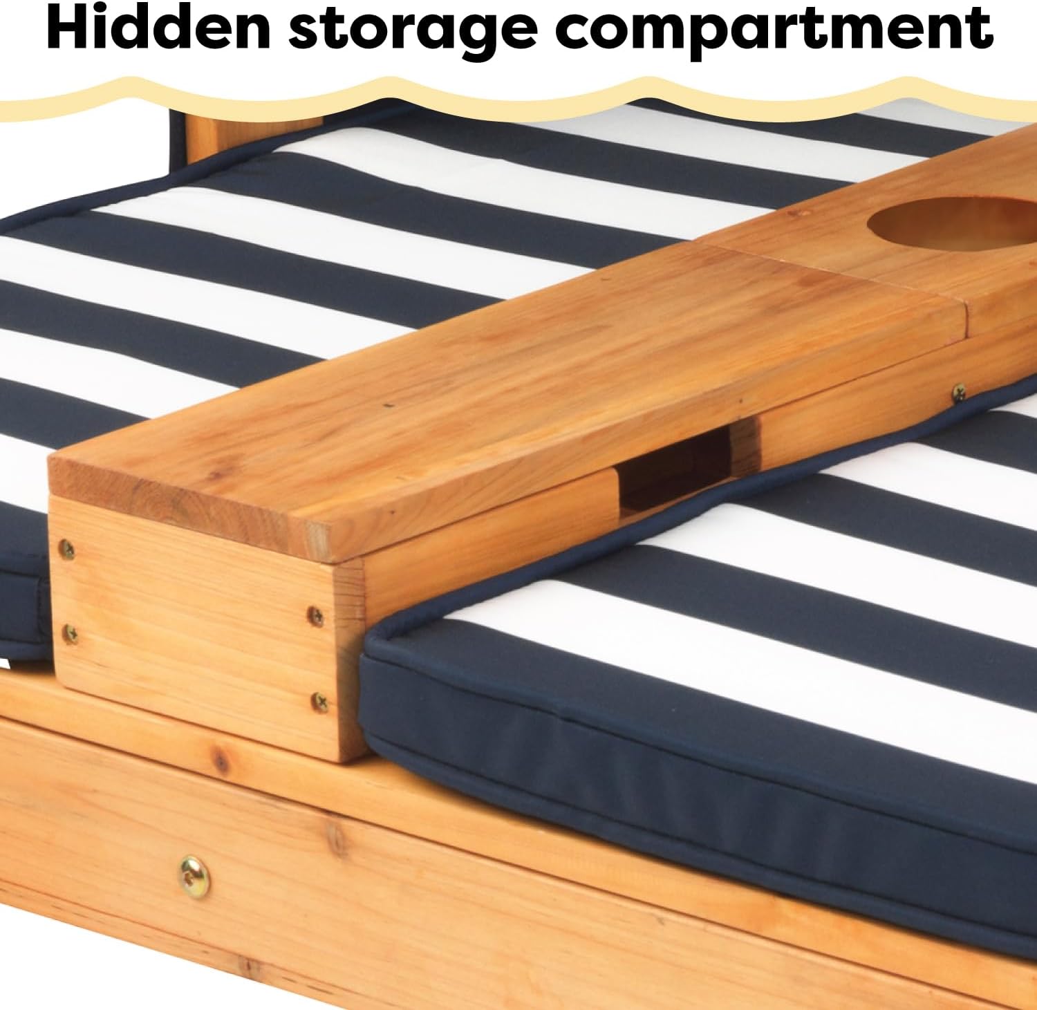 KidKraft Wooden Outdoor Double Chaise Lounge with Cup Holders, Kid's Patio Furniture, Honey Navy and White Striped Fabric, Gift for Ages 3-8