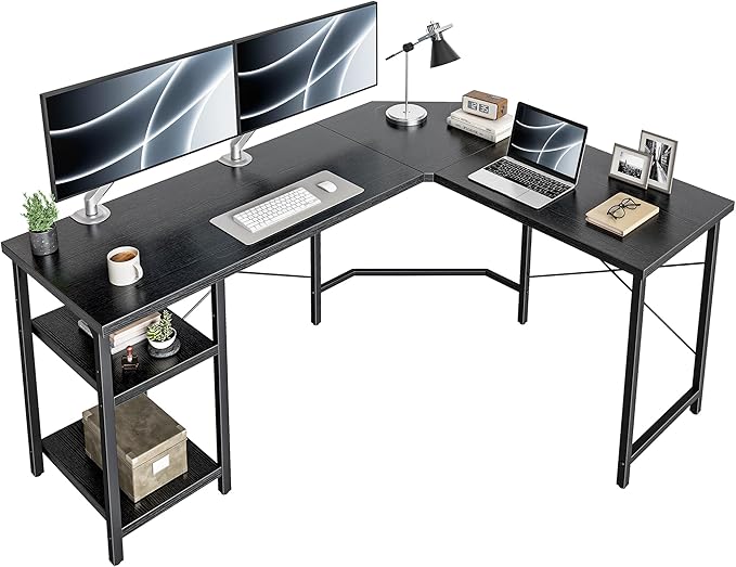 L Shaped Computer Desk, 150 cm Industrial Office Desk with Storage Shelves - Black