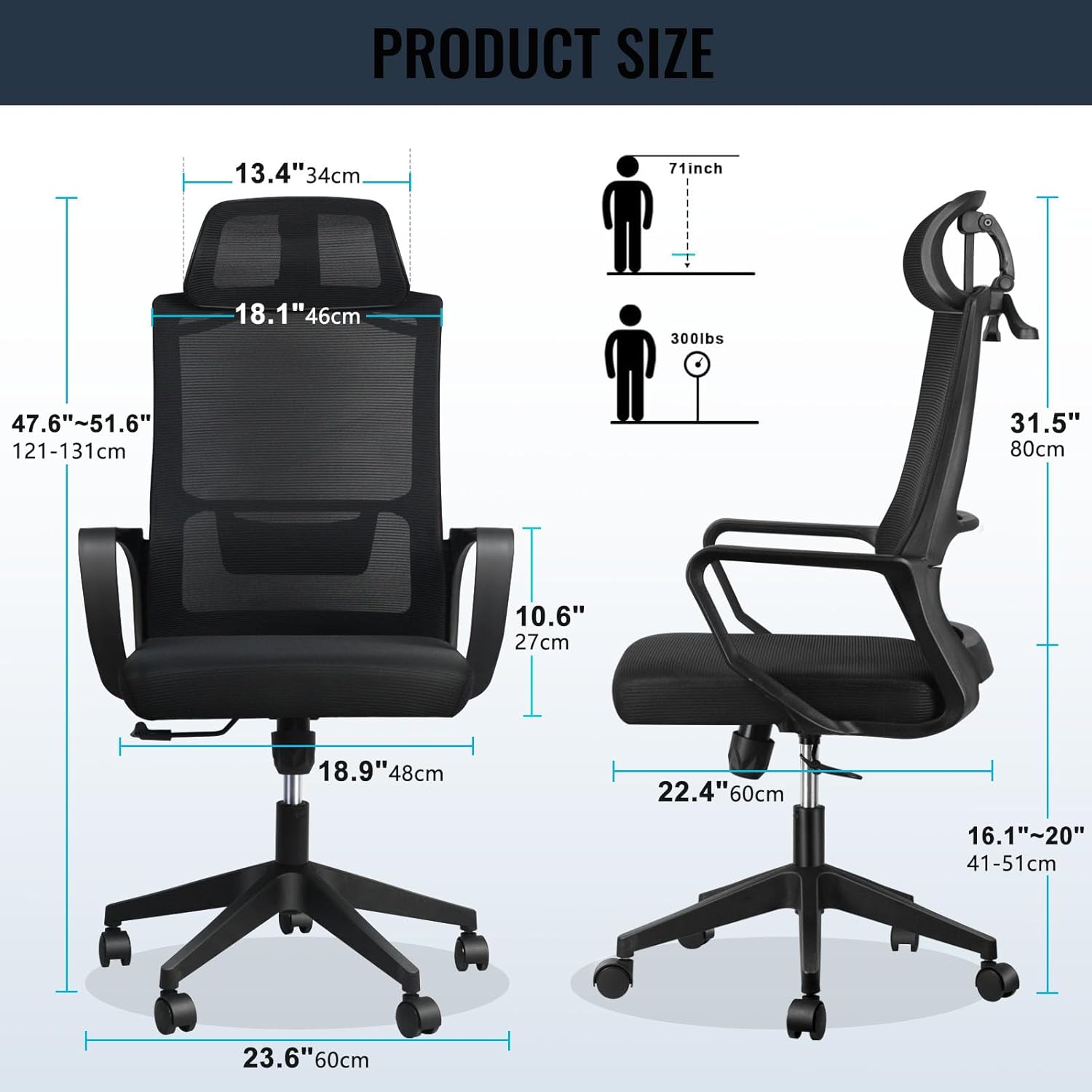 Ergonomic Office Chair with Adjustable Headrest | Desk Chair | Lumbar Support | Large Space Padded Seat Cushion｜with Tilt Back｜Mesh Breathable Backrest｜60 * 60 * 131cm Black