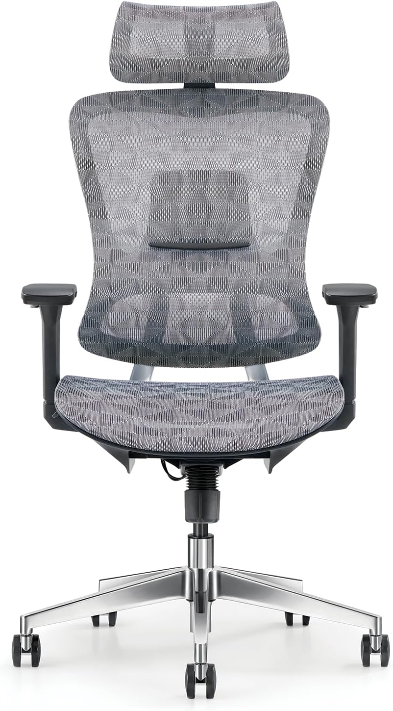 MOBILIA ErgoMesh Pro Executive Office Chair, Grey Mesh Design + CA117 Fireproof Certified, Adjustable 3D Armrests, Headrest & Multi Functional Controls, Heavy Duty Aluminium Base + 5 Years Warranty-GCC Home Center