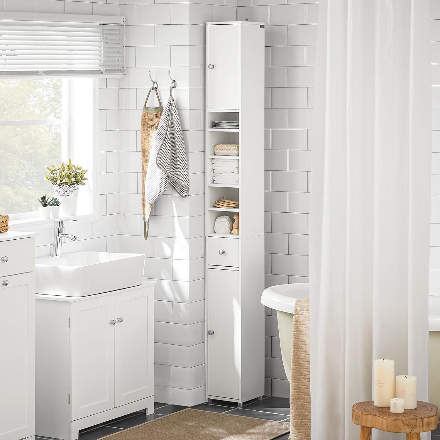 (Dubai Stock) SoBuy مجلس الوزراء Storage Cabinet Drawer Cabinet bathroom storage Bathroom Tall Cabinet 20x20x180cm (white) BZR34-W