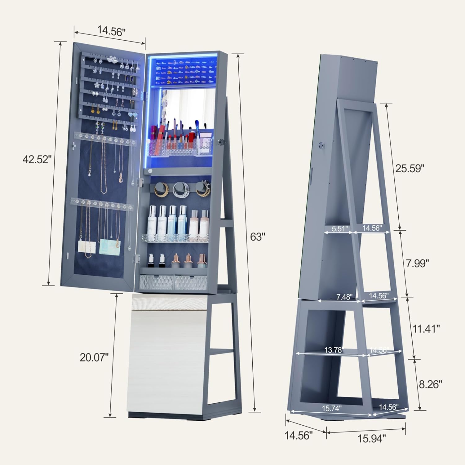 Mirror Jewelry Cabinet with Storage – 360° Swivel Jewelry Armoire, Light And Shelves