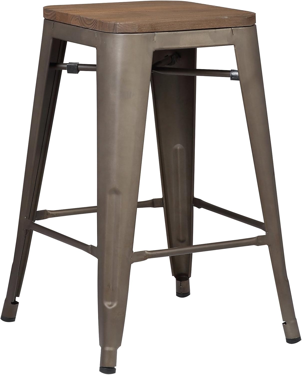 EdgeMod Trattoria 24' Counter Height Industrial Bar Stool with Elmwood Seat, Stackable, Bronze (Set of 4)-GCC Home Center