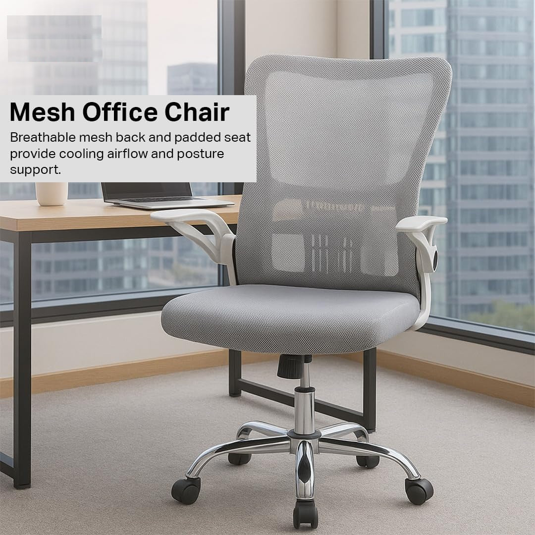 Mesh Office Chair – Swivel Desk Chair with Lumbar Support, Flip-Up Arm & Chrome Base – Ergonomic Chair Adjustable Computer Chair for Home Office, Study, Gaming & Workstation
