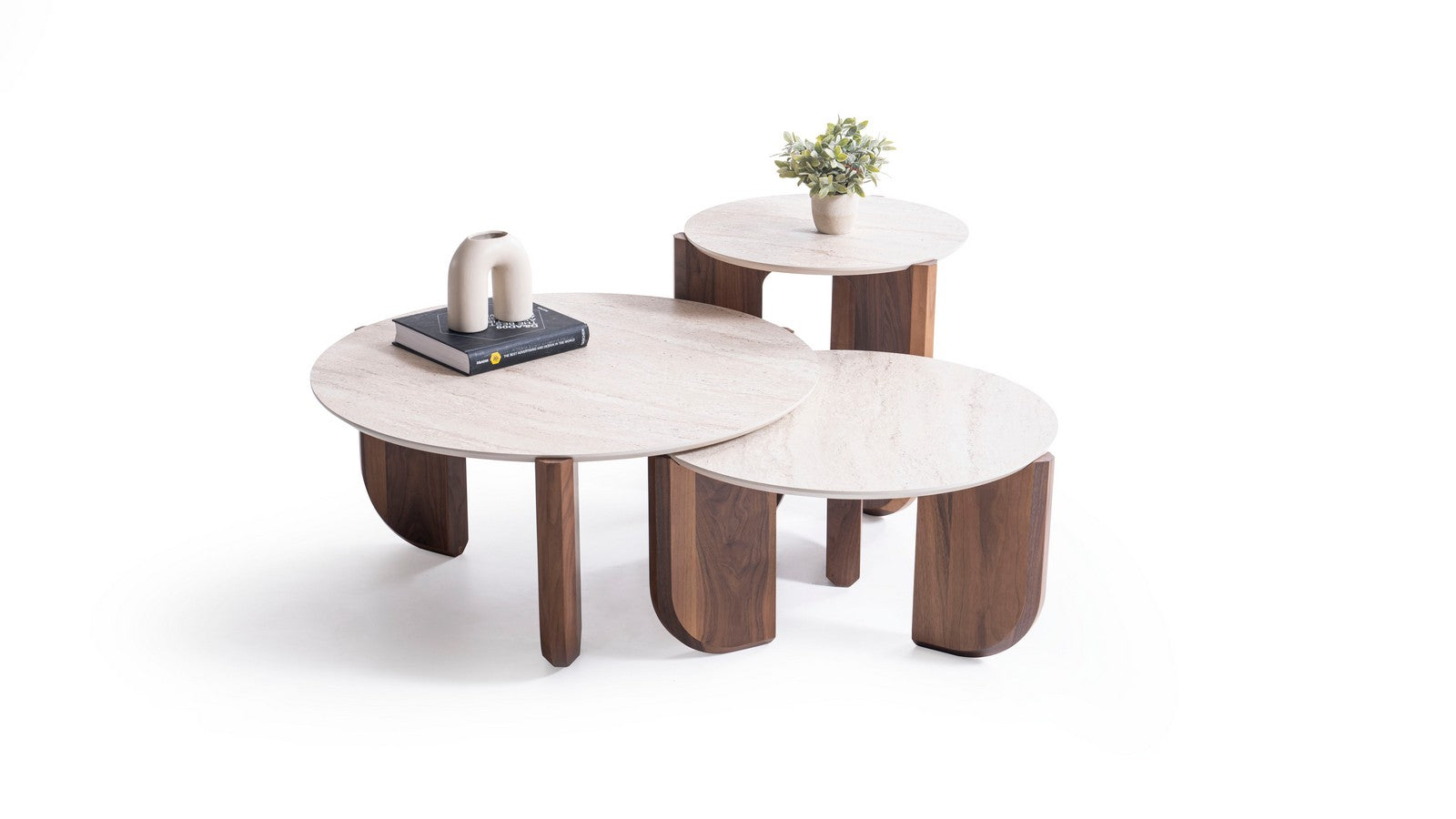 Walnut Travertine Coffee Table Set of 3