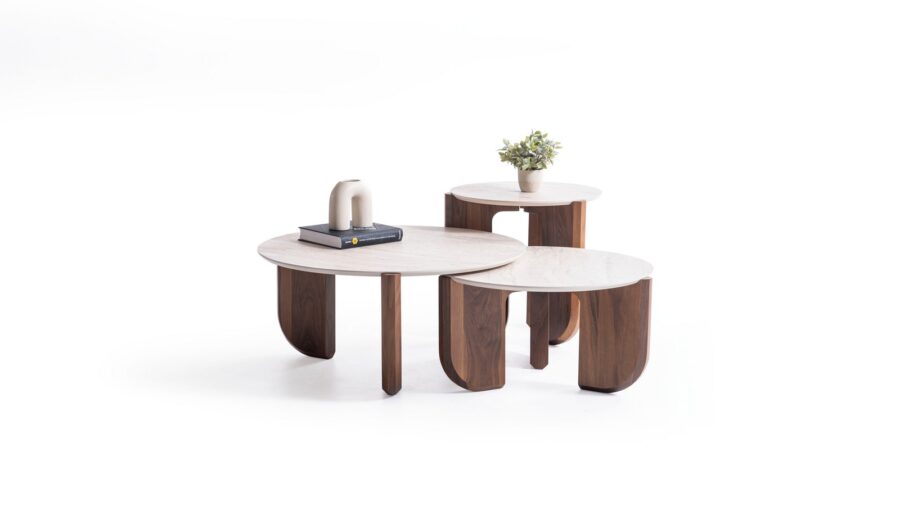 Walnut Travertine Coffee Table Set of 3