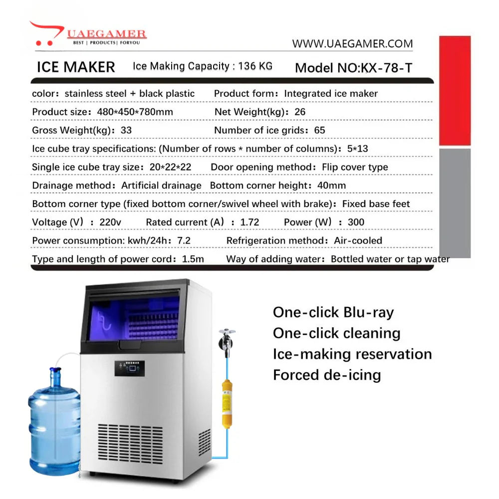 Commercial Ice Maker-120-130KG/day Large Capacity, 65 Ice Cubes are Made in 15 Minutes