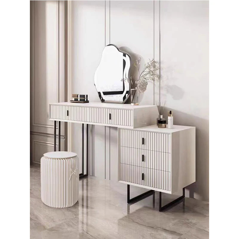 Modern White Vanity Desk with LED Wavy Mirror, 5 Drawers & Storage Cabinet | Makeup Dressing Table with Lights, Study Desk & Console Table