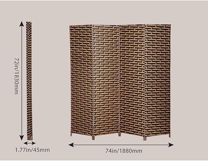 Foldable Hand-Woven Room Divider – 4 Panel Rattan Partition Screen, 200 x 180 cm – Privacy Separator for Bedroom, Office, Living Room, Hotel