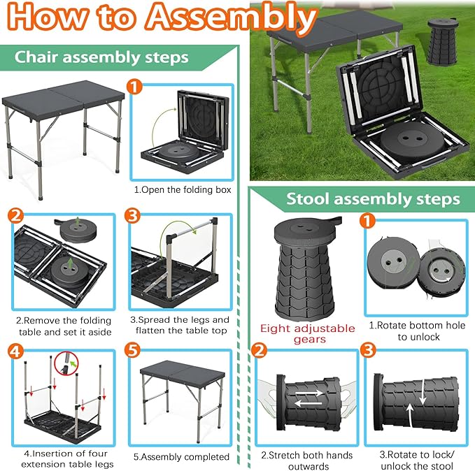 Portable Folding Camping Table and Stool Set (Black, Adjustable Height, 68x40x55cm)