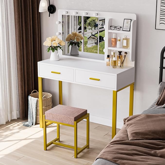 Vanity Desk with Mirror, With Chair and 10 LED Lights, with 2 Big Drawers and Side Shelves for Storage-GCC Home Center