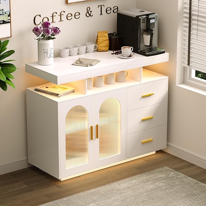 Sideboard Buffet Cabinet with Storage, LED Lights & Charging Station (100 x 40 x 80 cm)