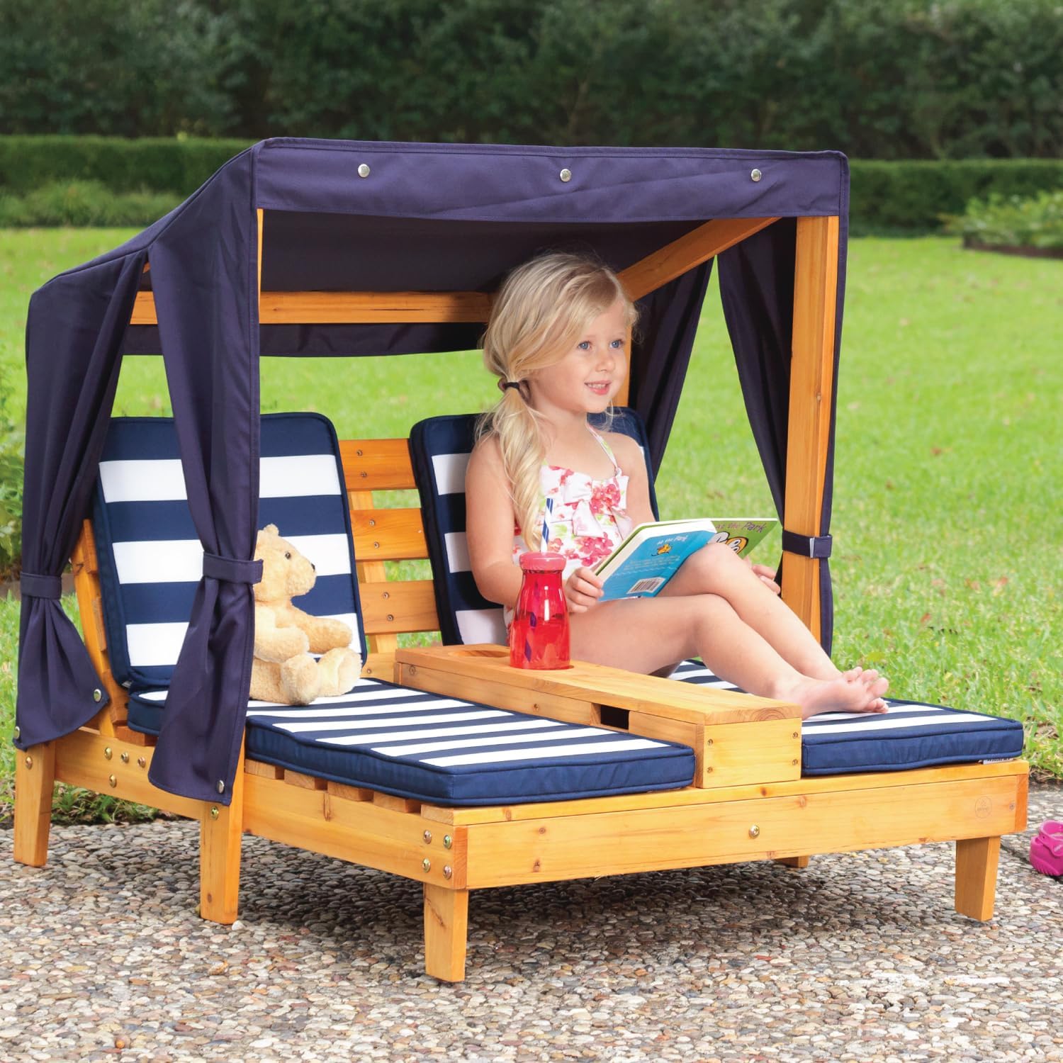 KidKraft Wooden Outdoor Double Chaise Lounge with Cup Holders, Kid's Patio Furniture, Honey Navy and White Striped Fabric, Gift for Ages 3-8