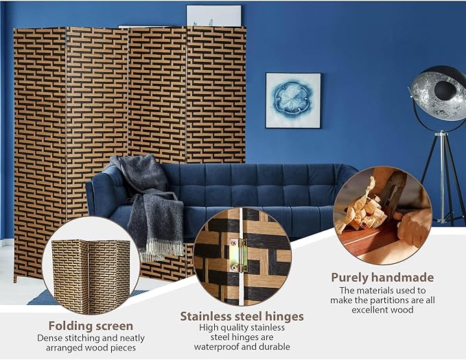 Foldable Hand-Woven Room Divider – 4 Panel Rattan Partition Screen, 200 x 180 cm – Privacy Separator for Bedroom, Office, Living Room, Hotel