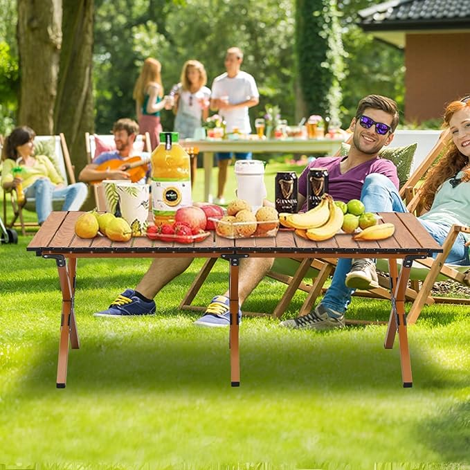 Roll-Up Metal Folding Table For Outdoor Events with Carry Bag – Brown, 120 x 60 cm