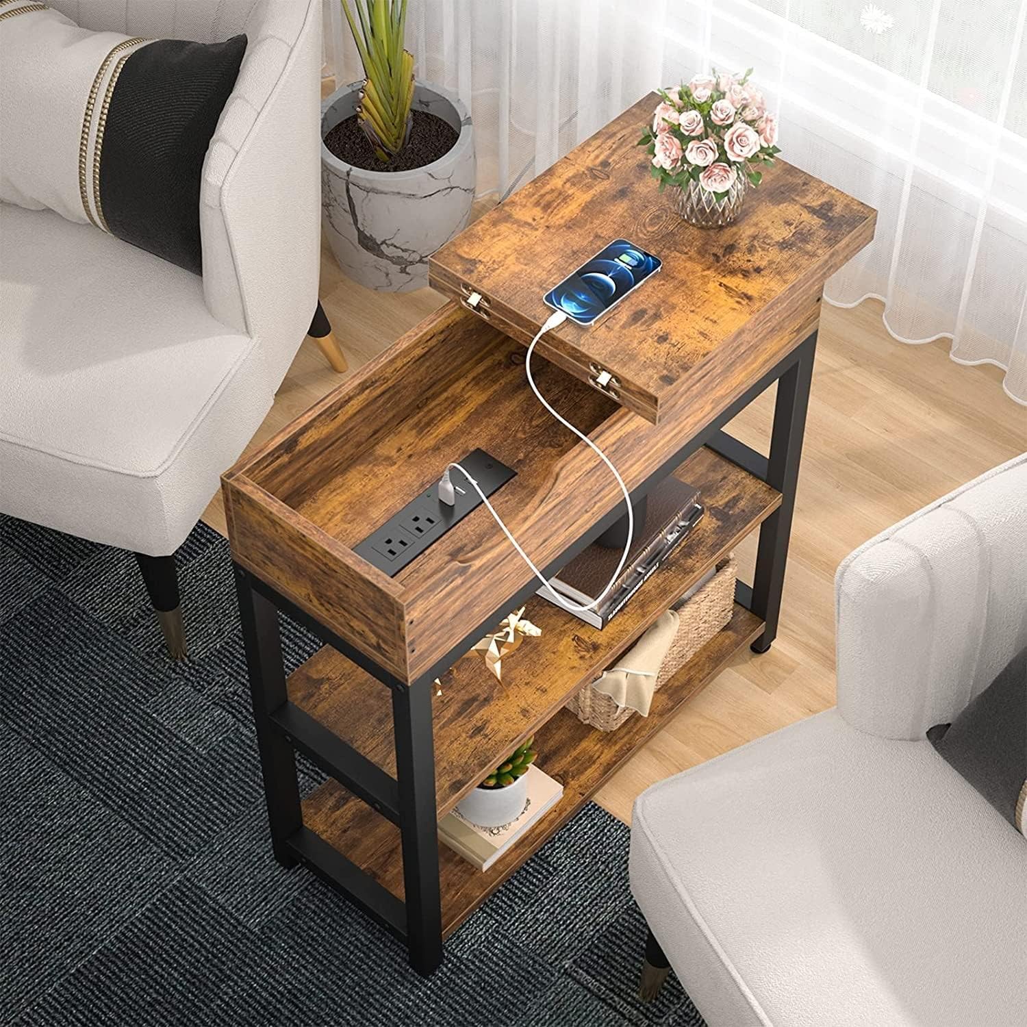 NeoStyle Side Table with Charging Station, Nightstand with USB Ports and Outlets,Flip Top Open Narrow Sofa End Table with Storage Shelf for Living Room, Bedroom