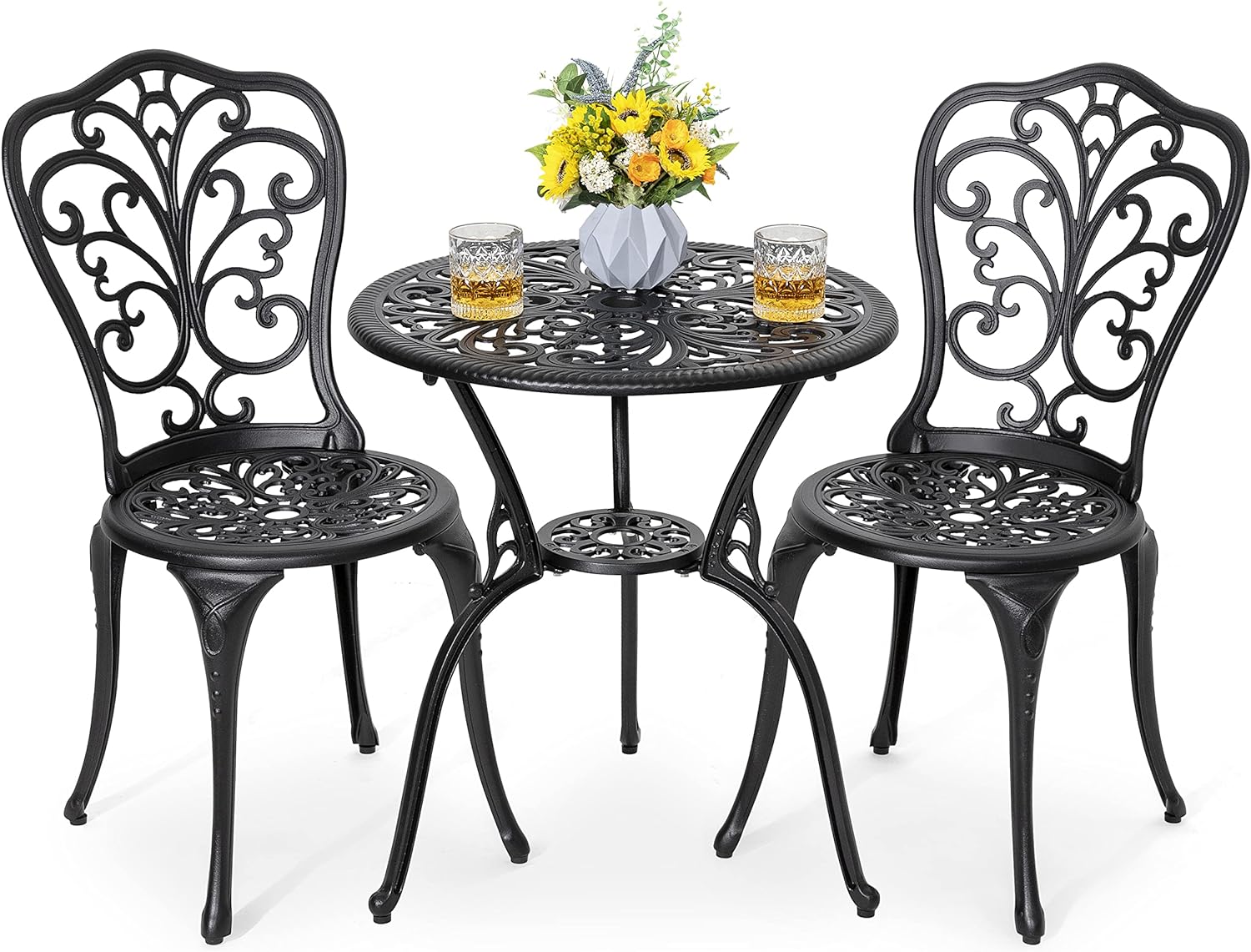 NUU GARDEN 3 Piece Bistro Set Outdoor, All Weather Cast Aluminum Patio Bistro Sets Patio Table and Chairs Set of 2 with Umbrella Hole for Yard, Balcony, Black, Butterfly Backrest