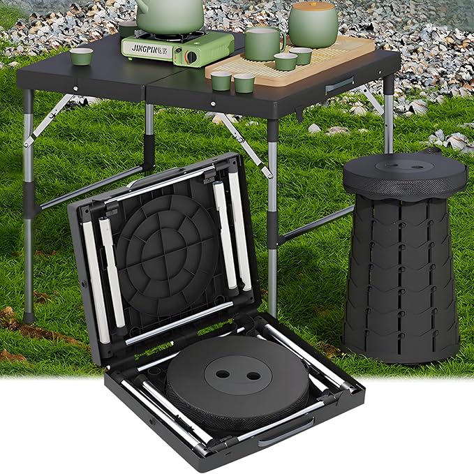 Portable Folding Camping Table and Stool Set (Black, Adjustable Height, 68x40x55cm)