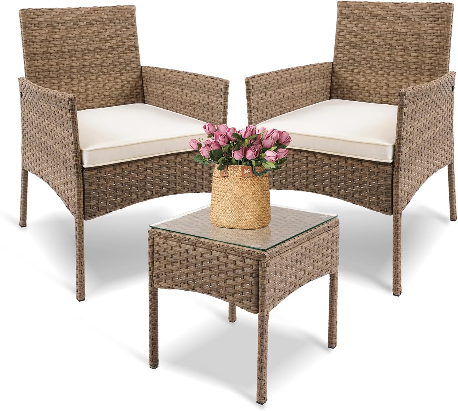 YIYAN 3 Pieces Patio Bistro Set Outdoor Wicker Furniture Outdoor Porch PE Rattan Wicker Chairs Furniture Sets with Sofa Chairs,Glass Coffee Table and White Washable Cushion