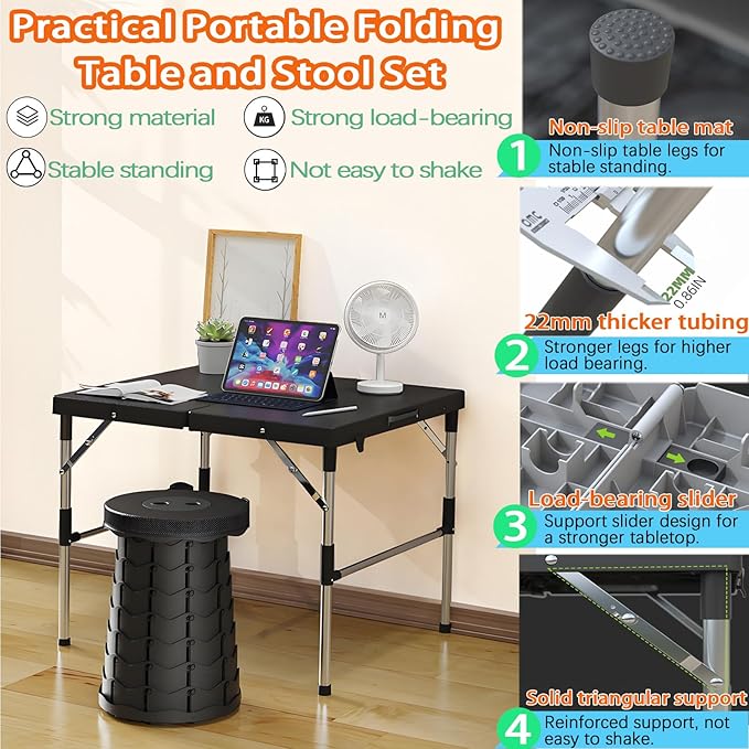 Portable Folding Camping Table and Stool Set (Black, Adjustable Height, 68x40x55cm)