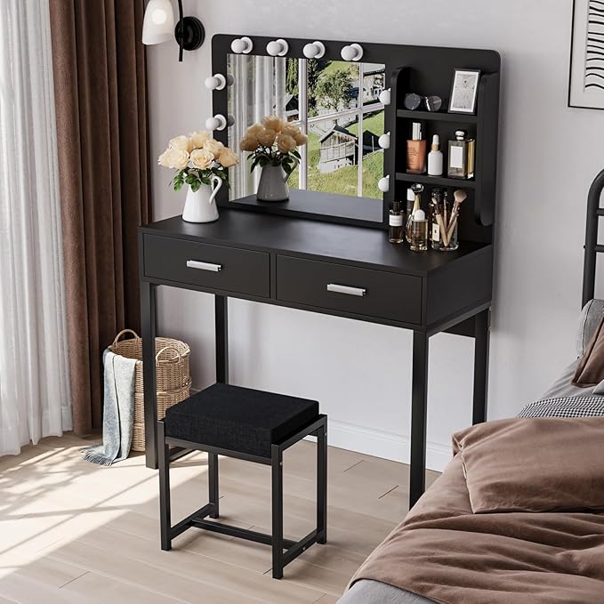 Vanity Desk with Mirror, With Chair and 10 LED Lights, with 2 Big Drawers and Side Shelves for Storage-GCC Home Center