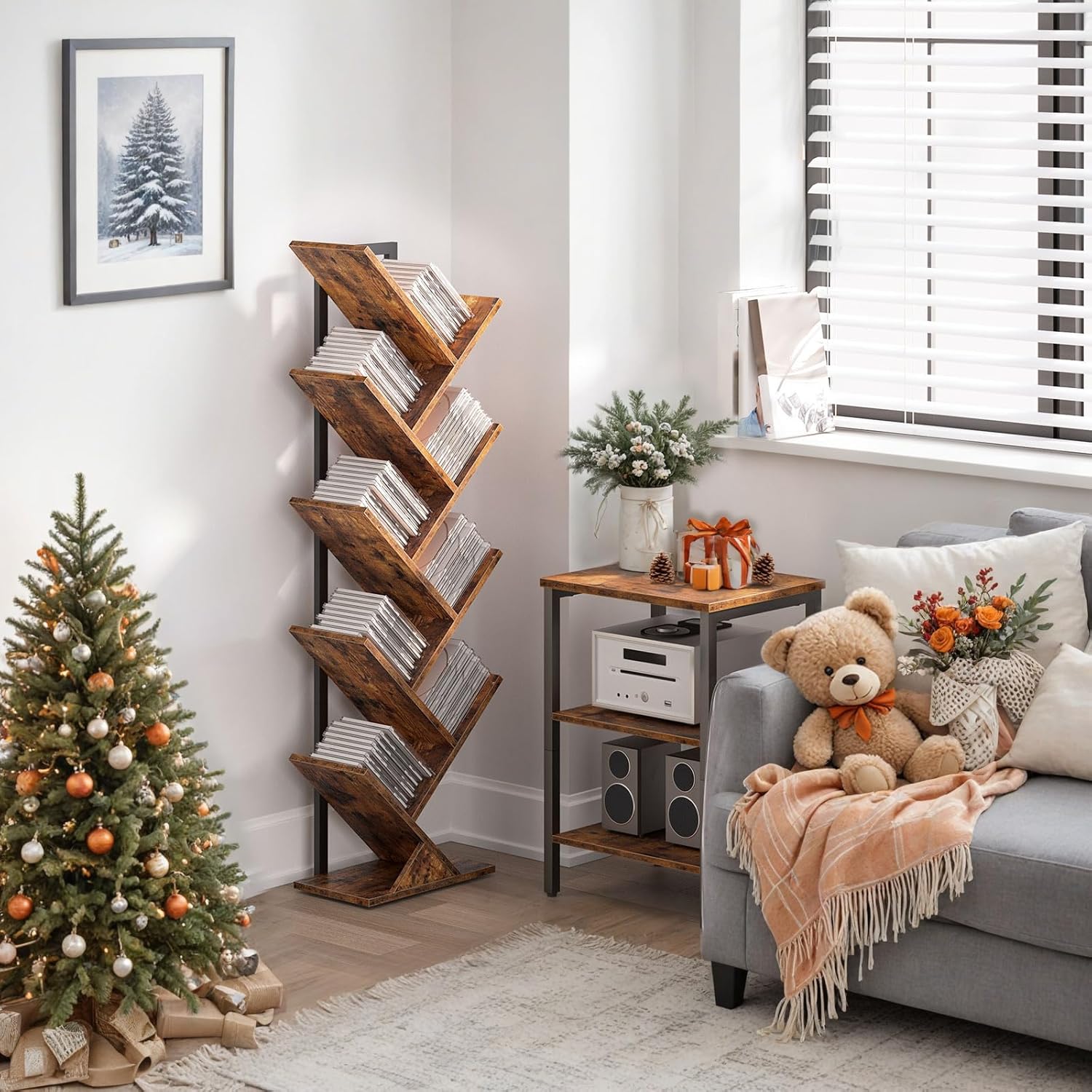 HOOBRO Floor Standing Tree Bookshelf, 9 Tier Tree Bookcase Shelves Wooden, Freestanding Office Bookcase Storage Organizer for Living Room, Bedroom, Tall Wood Bookshelf, Rustic Brown EBF08SJ01G1
