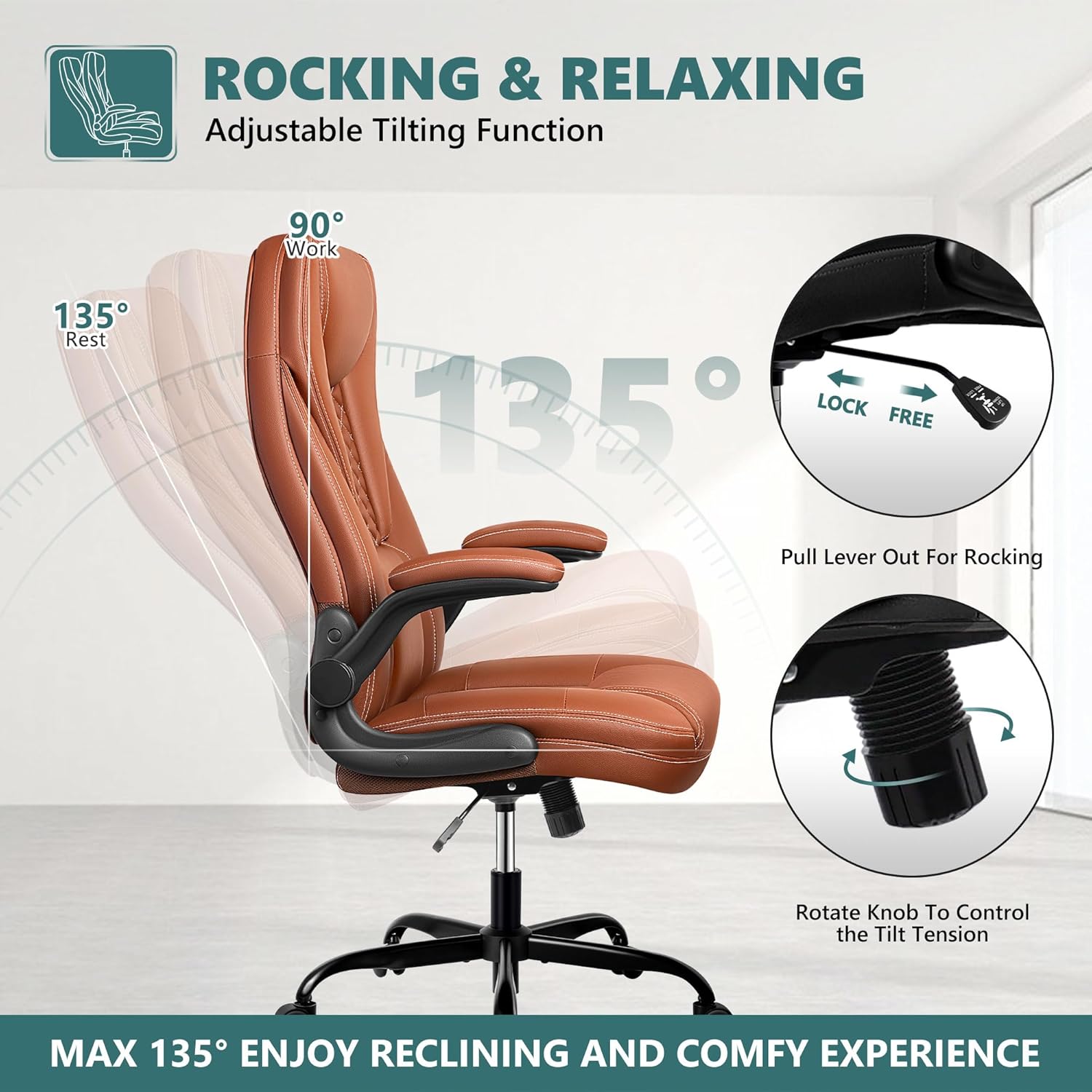 Guessky Office Chair, Big and Tall Office Chair Executive Office Chair Ergonomic Leather Chair with Lumbar Support High Back Home Office Desk Chairs Computer Chair with Adjustable Flip-Up Arms (Brown)