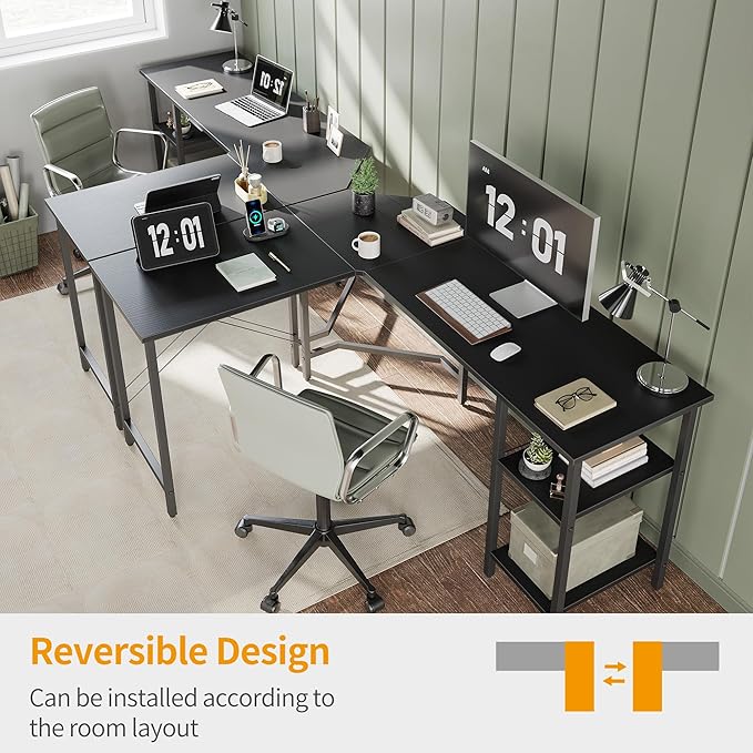 L Shaped Computer Desk, 150 cm Industrial Office Desk with Storage Shelves - Black