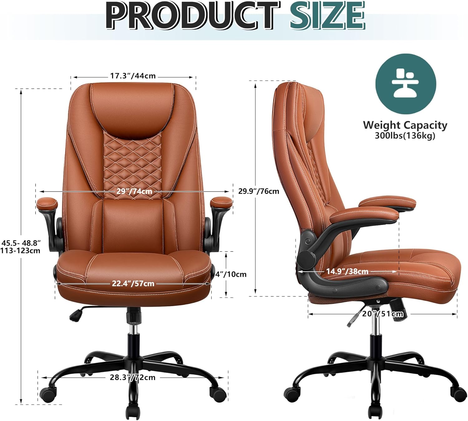 Guessky Office Chair, Big and Tall Office Chair Executive Office Chair Ergonomic Leather Chair with Lumbar Support High Back Home Office Desk Chairs Computer Chair with Adjustable Flip-Up Arms (Brown)
