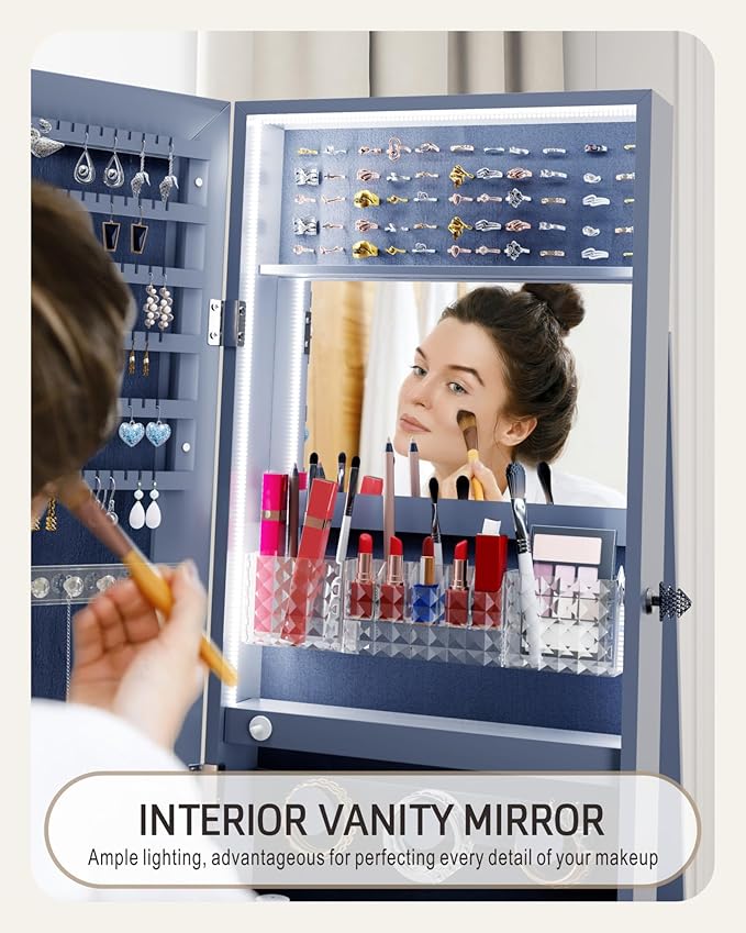 Mirror Jewelry Cabinet with Storage – 360° Swivel Jewelry Armoire, Light And Shelves
