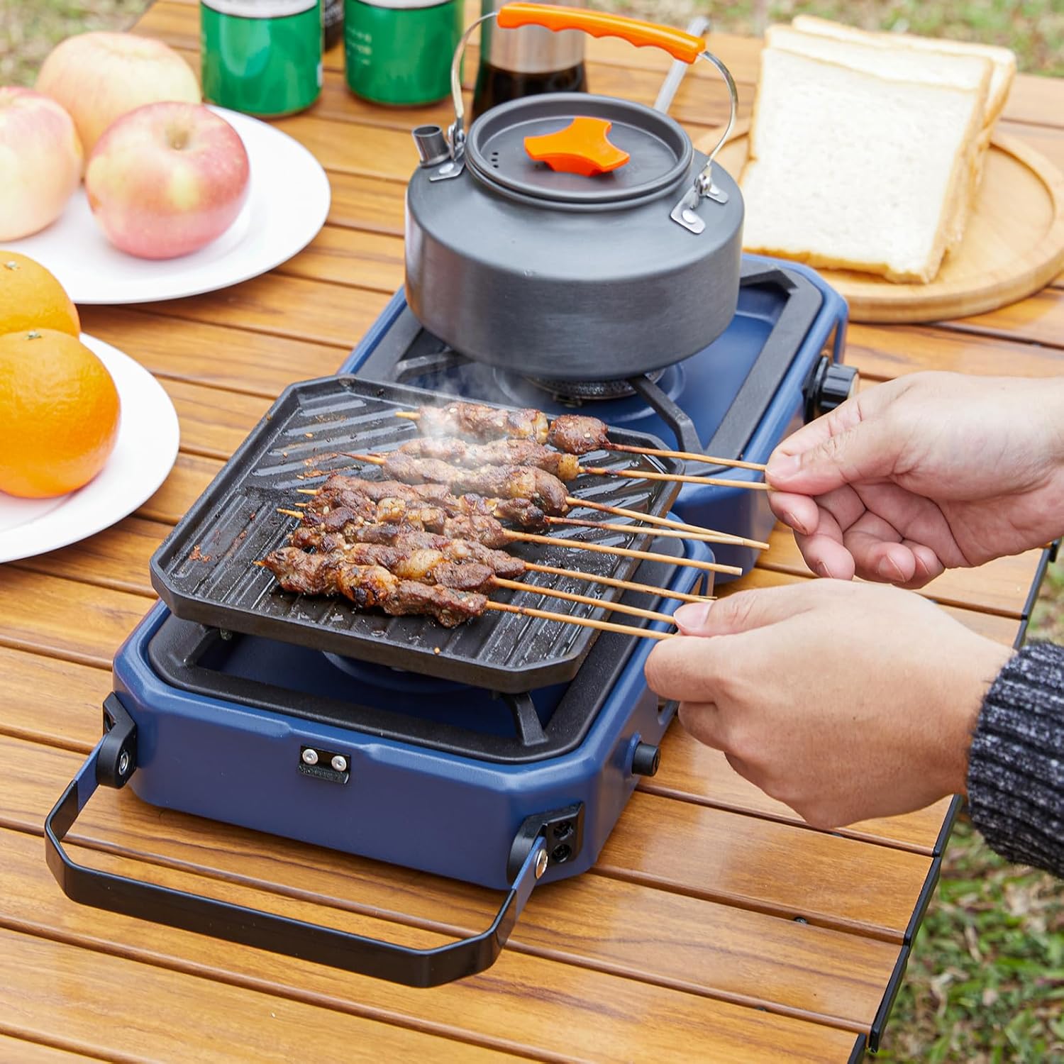 Folding Camping Stove, 2 Burner Propane Stove, Outdoor Gas Stove With Griddle Pan, Portable Folding Camp Stove with Push-Button Instant Ignition
