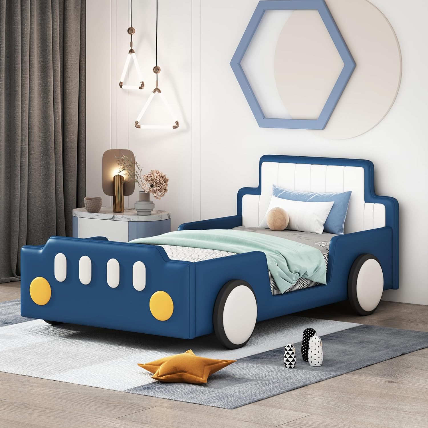Twin Race kid Car bed Platform Bed with Wheels,PU Leather Car Bed Frame for Boys Twin Size,Kids Bed Frame with Headboard,Fits Standard Twin Mattress(No Mattress)
