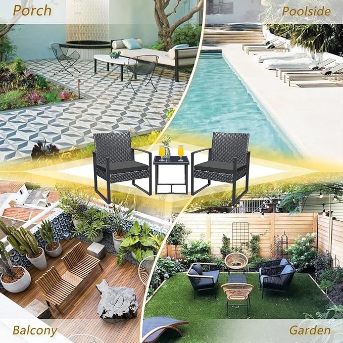 Outdoor Furniture Balcony Furniture 3 Pieces Garden Outdoor Furniture Set include 2 Rattan Chairs with Cushions and 1 Coffee Table-GCC Home Center