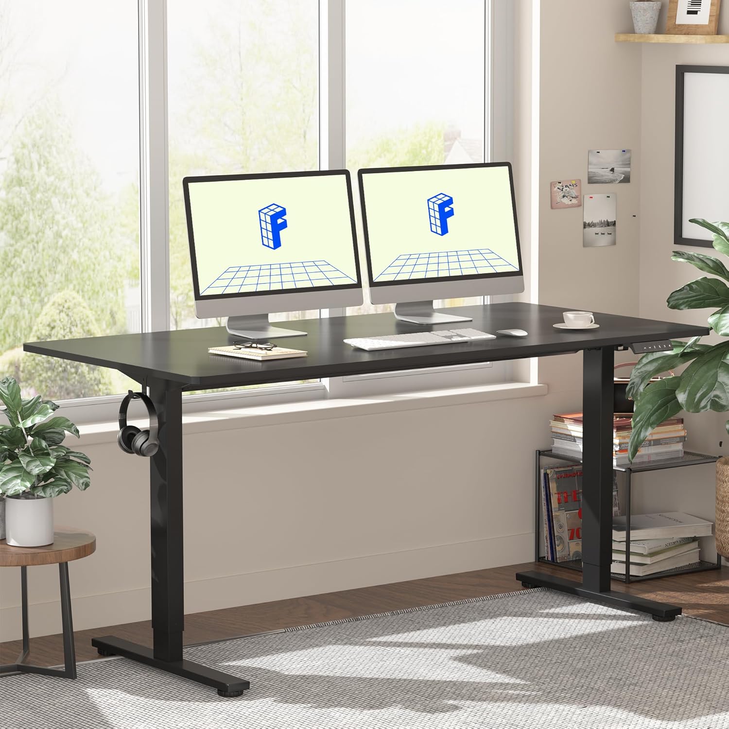 Flexispot 55 X 28 Inches Electric Stand Up Metal Desk Workstation, Whole Piece Desk Board Home Office Computer Standing Table Height Adjustable Desk Black Frame and 55 Black Top-GCC Home Center