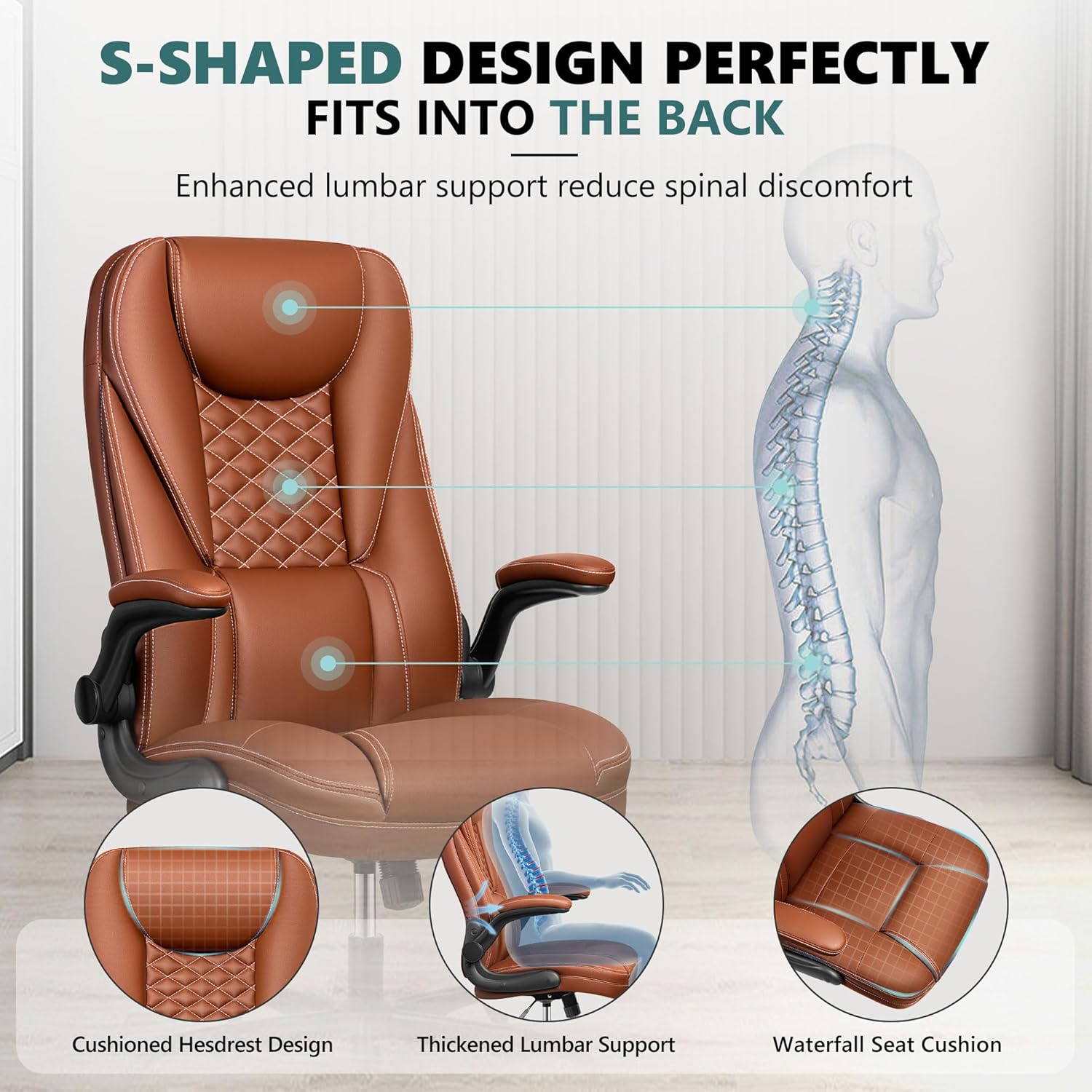 Guessky Office Chair, Big and Tall Office Chair Executive Office Chair Ergonomic Leather Chair with Lumbar Support High Back Home Office Desk Chairs Computer Chair with Adjustable Flip-Up Arms (Brown)