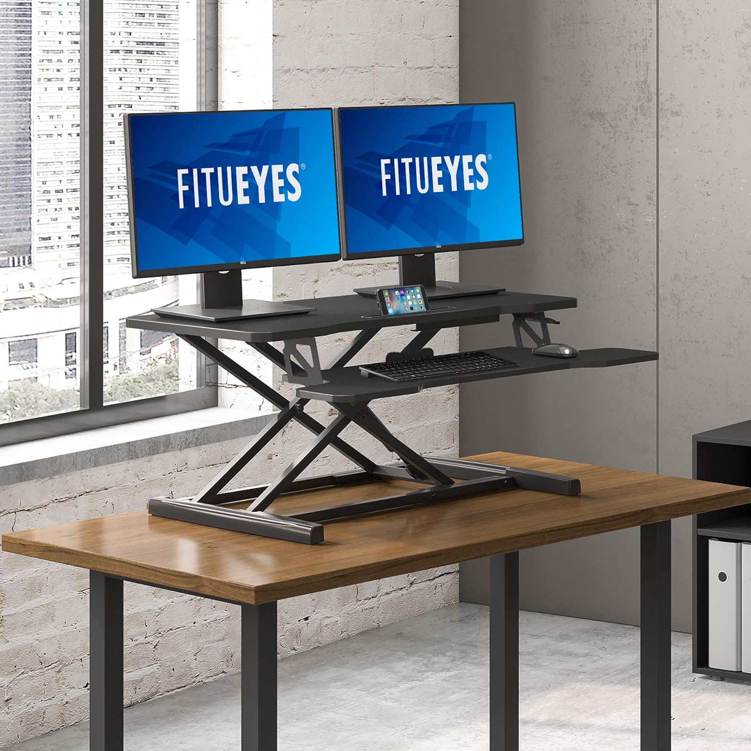 Height Adjustable Standing Desk 32” Wide Sit to Stand Converter Stand Up Desk Tabletop Workstation for Laptops Dual Monitor Riser Black SD309101WB