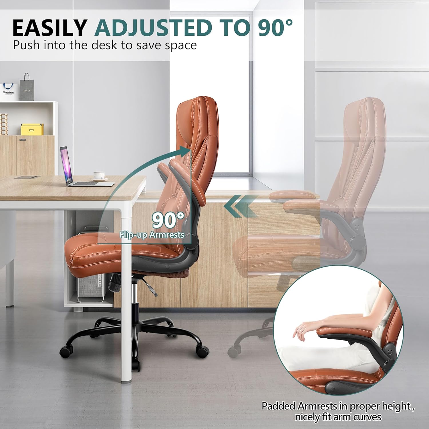 Guessky Office Chair, Big and Tall Office Chair Executive Office Chair Ergonomic Leather Chair with Lumbar Support High Back Home Office Desk Chairs Computer Chair with Adjustable Flip-Up Arms (Brown)
