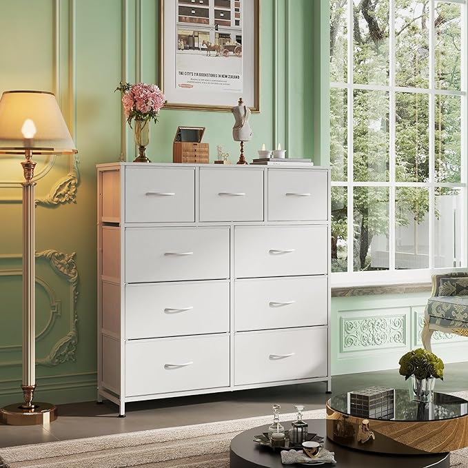 9-Drawer Fabric Storage Dresser – Storage Cabinet for Bedroom or Living Room (White)