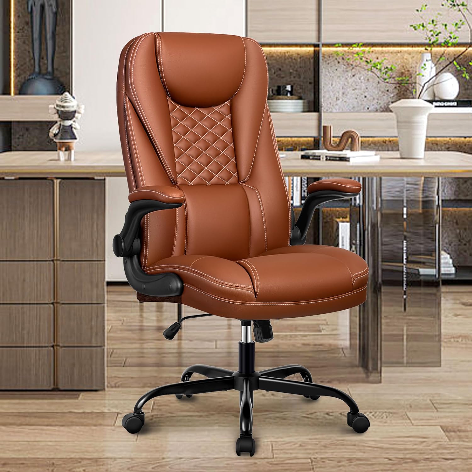 Guessky Office Chair, Big and Tall Office Chair Executive Office Chair Ergonomic Leather Chair with Lumbar Support High Back Home Office Desk Chairs Computer Chair with Adjustable Flip-Up Arms (Brown)