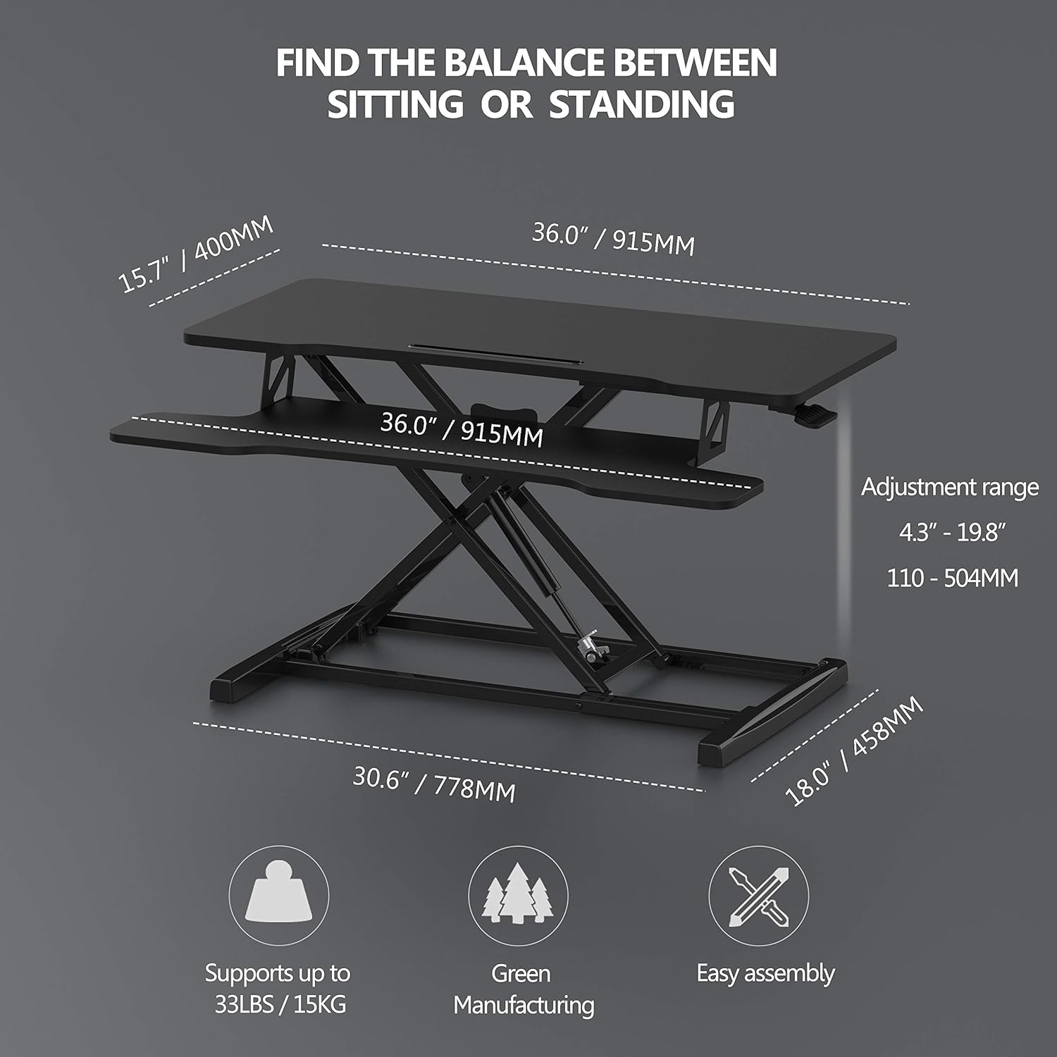 Height Adjustable Standing Desk 32” Wide Sit to Stand Converter Stand Up Desk Tabletop Workstation for Laptops Dual Monitor Riser Black SD309101WB