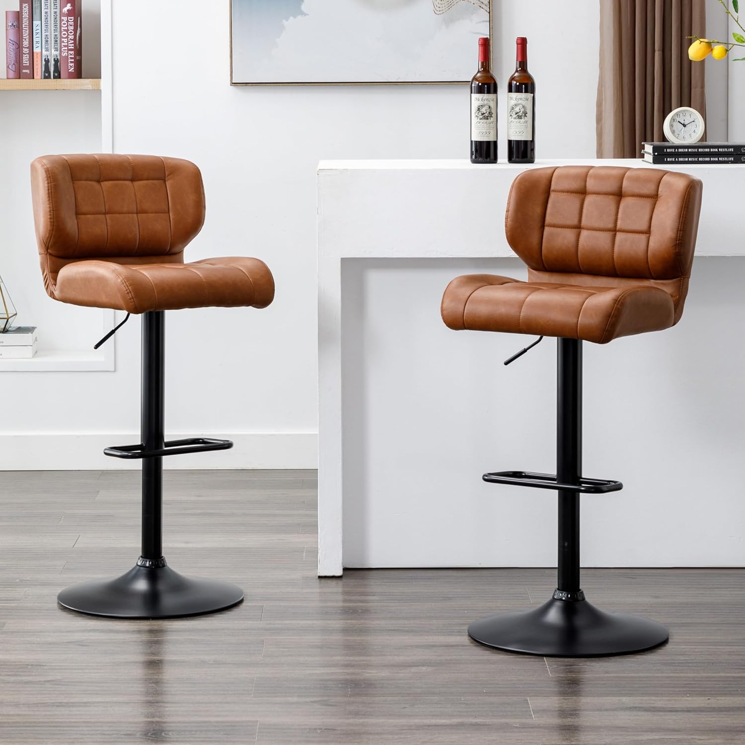 Urban Home Furniture Harvey Adjustable Bar Stools with Low Back, Swivel Medium Brown Faux Leather Bar Chairs for Kitchen/Island, Set of 2, Barstools for Kitchen Counter, Vintage Medium Brown
