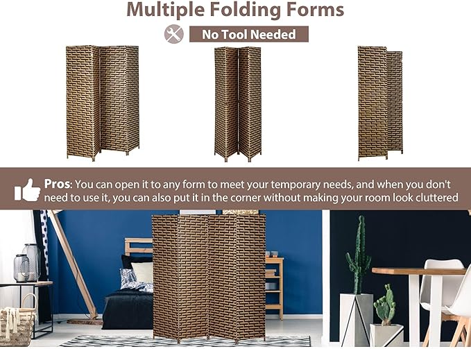 Foldable Hand-Woven Room Divider – 4 Panel Rattan Partition Screen, 200 x 180 cm – Privacy Separator for Bedroom, Office, Living Room, Hotel
