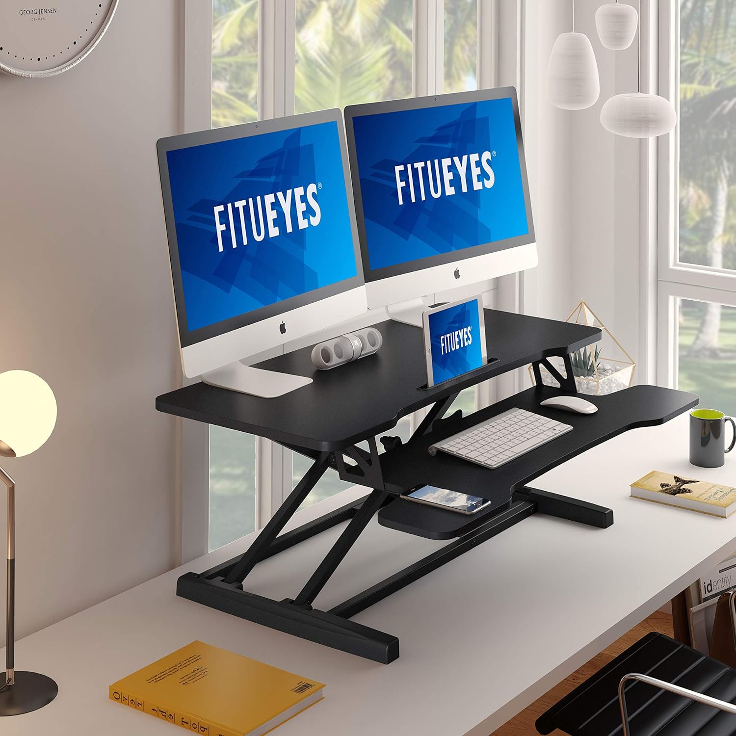 Height Adjustable Standing Desk 32” Wide Sit to Stand Converter Stand Up Desk Tabletop Workstation for Laptops Dual Monitor Riser Black SD309101WB